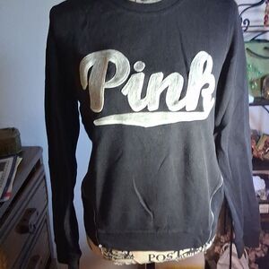 PINK VICTORIA'S SECRET Black Long Sleeve SweatShirt Pink Logo & Side Zip Small